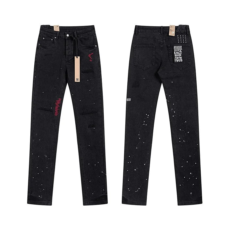 KSUBI Cross Jeans American Pants  Men High Street Paint Hole Trend Low Rise Skinny Pleated Ripped Frayed Jeans