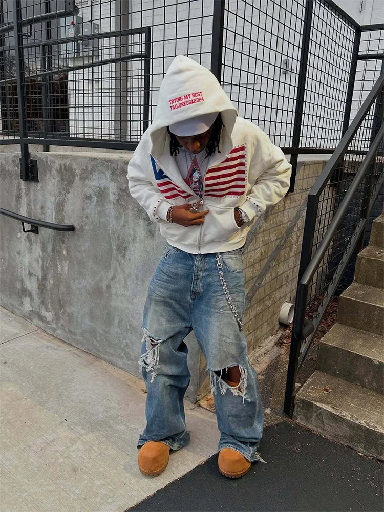 “Tryingmybestfailure” AMERICAN FLAG ZIP UP HOOIE