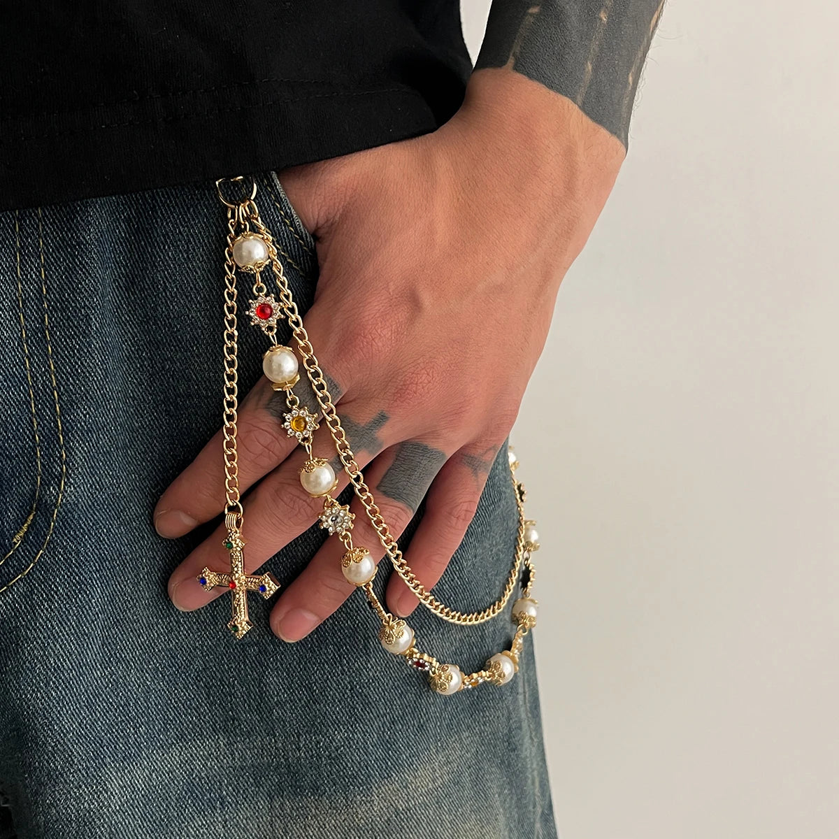 Salircon Exquisite Luxury Cross Pendant Imitation Pearl Keychain
