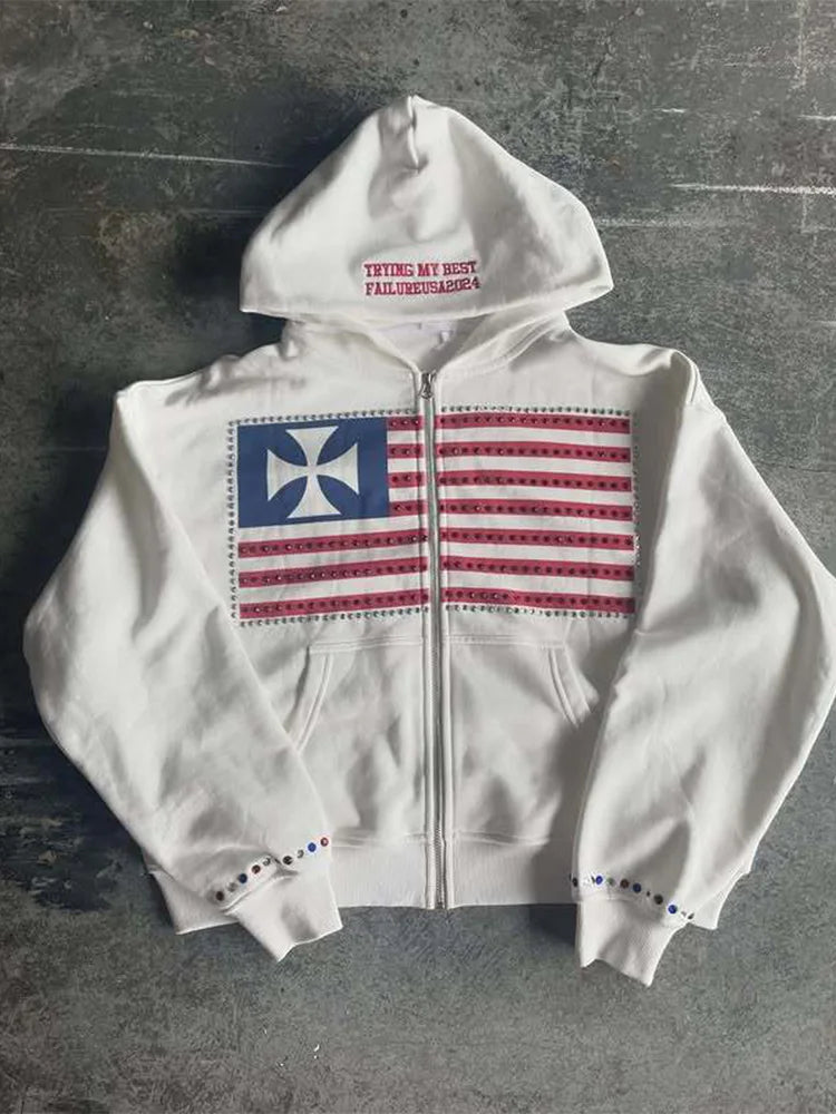 “Tryingmybestfailure” AMERICAN FLAG ZIP UP HOOIE