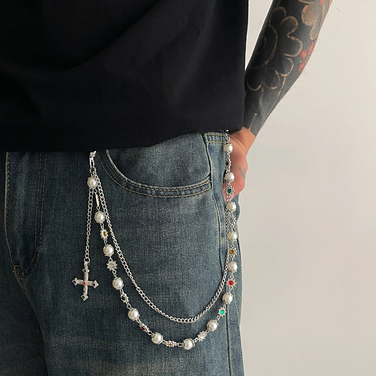Salircon Exquisite Luxury Cross Pendant Imitation Pearl Keychain