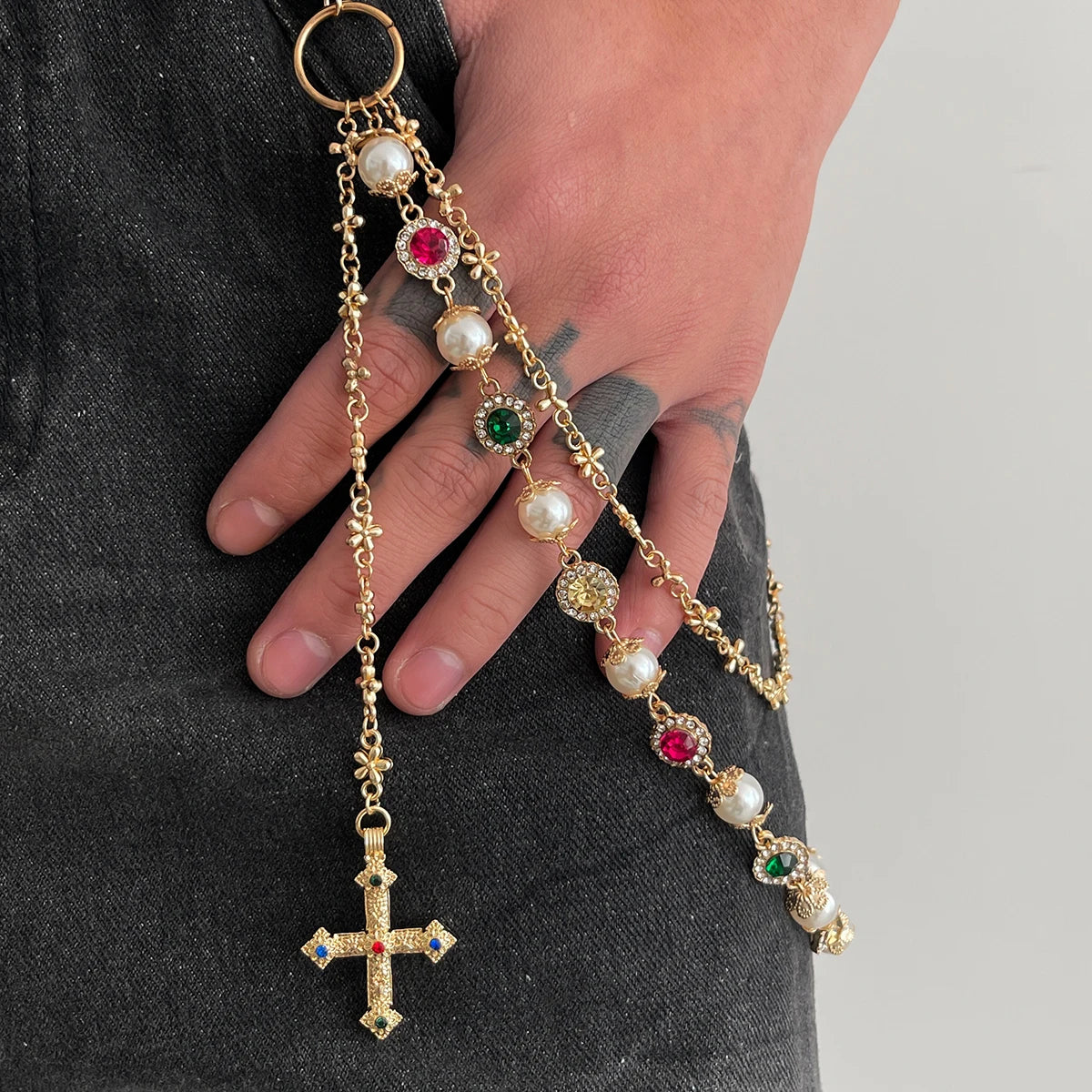 Salircon Exquisite Luxury Cross Pendant Imitation Pearl Keychain