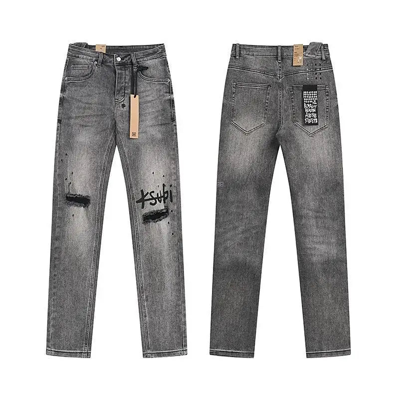 KSUBI Cross Jeans American Pants  Men High Street Paint Hole Trend Low Rise Skinny Pleated Ripped Frayed Jeans