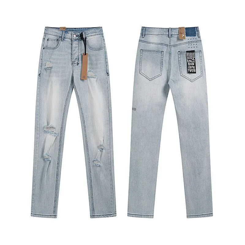 KSUBI Cross Jeans American Pants  Men High Street Paint Hole Trend Low Rise Skinny Pleated Ripped Frayed Jeans
