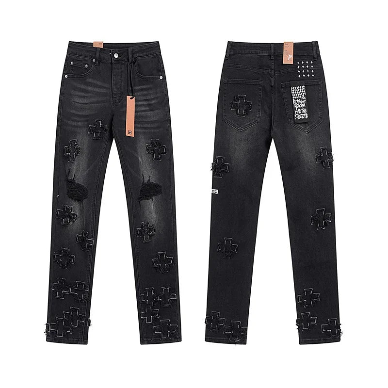 KSUBI Cross Jeans American Pants  Men High Street Paint Hole Trend Low Rise Skinny Pleated Ripped Frayed Jeans