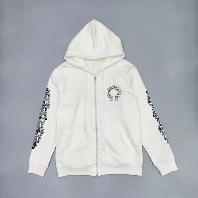 Chrome Hearts Horseshoe Floral Cross-Sleeve Zip Up Hoodie