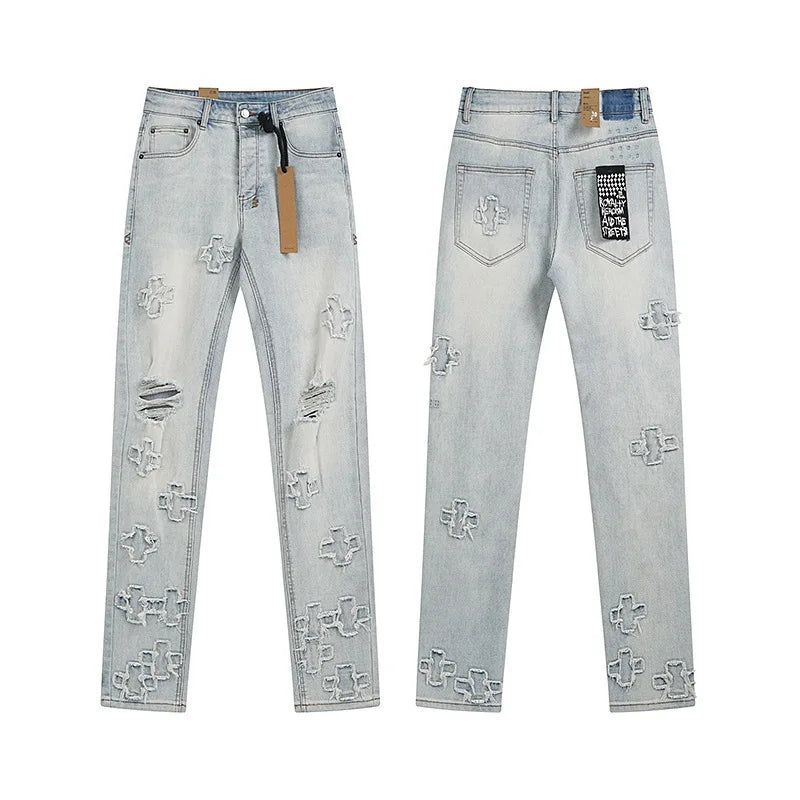 KSUBI Cross Jeans American Pants  Men High Street Paint Hole Trend Low Rise Skinny Pleated Ripped Frayed Jeans