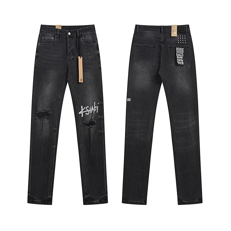 KSUBI Cross Jeans American Pants  Men High Street Paint Hole Trend Low Rise Skinny Pleated Ripped Frayed Jeans
