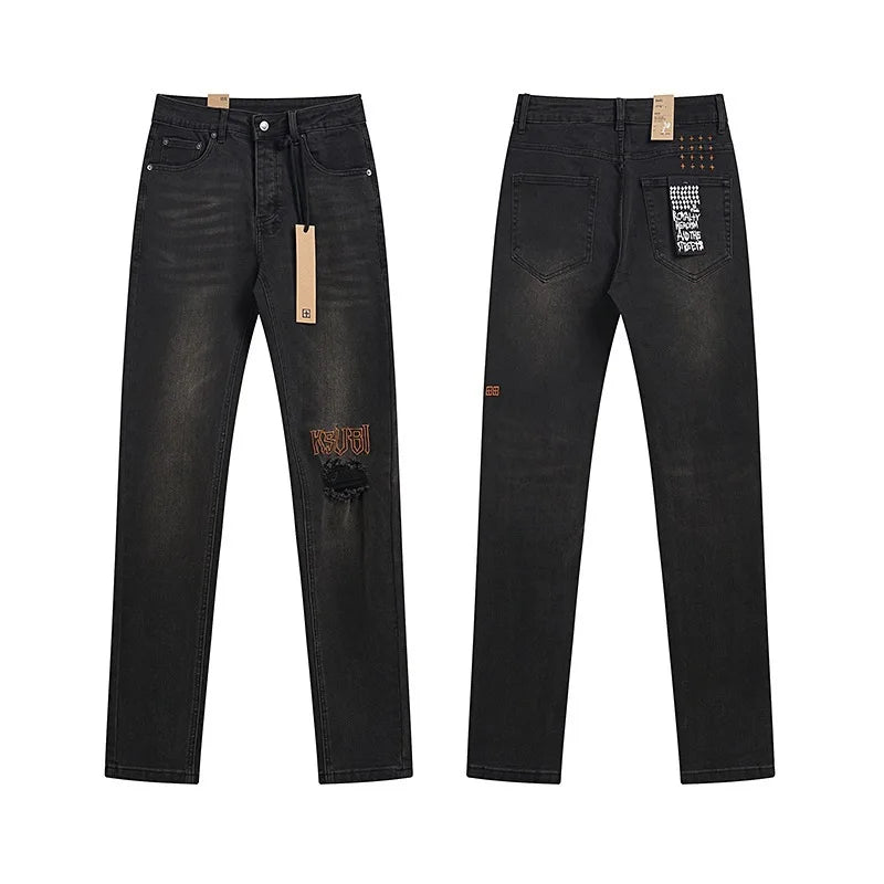 KSUBI Cross Jeans American Pants  Men High Street Paint Hole Trend Low Rise Skinny Pleated Ripped Frayed Jeans