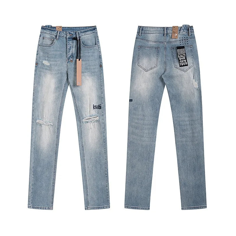 KSUBI Cross Jeans American Pants  Men High Street Paint Hole Trend Low Rise Skinny Pleated Ripped Frayed Jeans