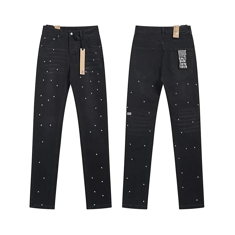KSUBI Cross Jeans American Pants  Men High Street Paint Hole Trend Low Rise Skinny Pleated Ripped Frayed Jeans