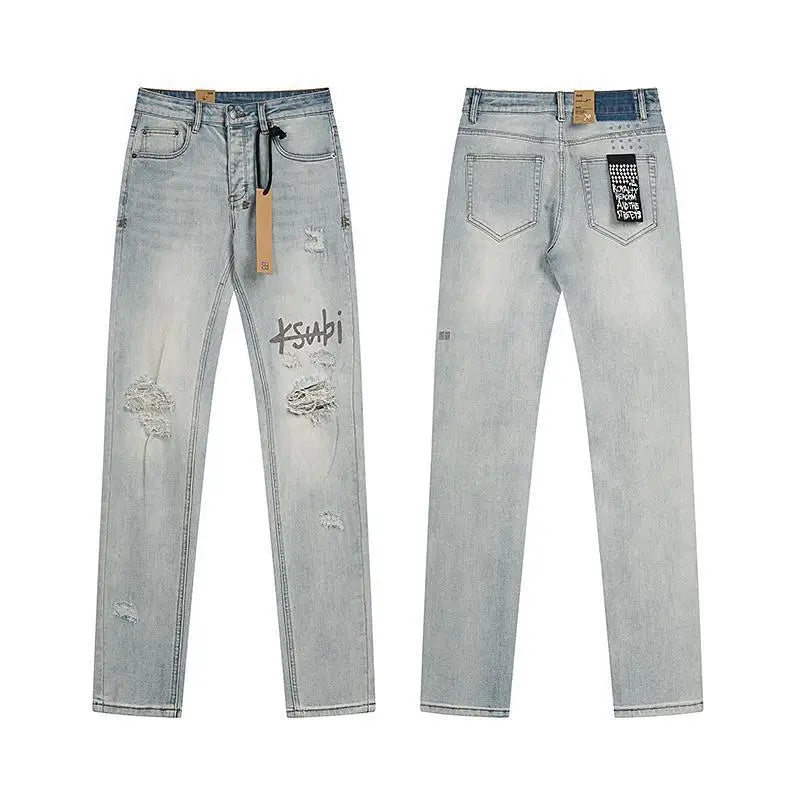 KSUBI Cross Jeans American Pants  Men High Street Paint Hole Trend Low Rise Skinny Pleated Ripped Frayed Jeans