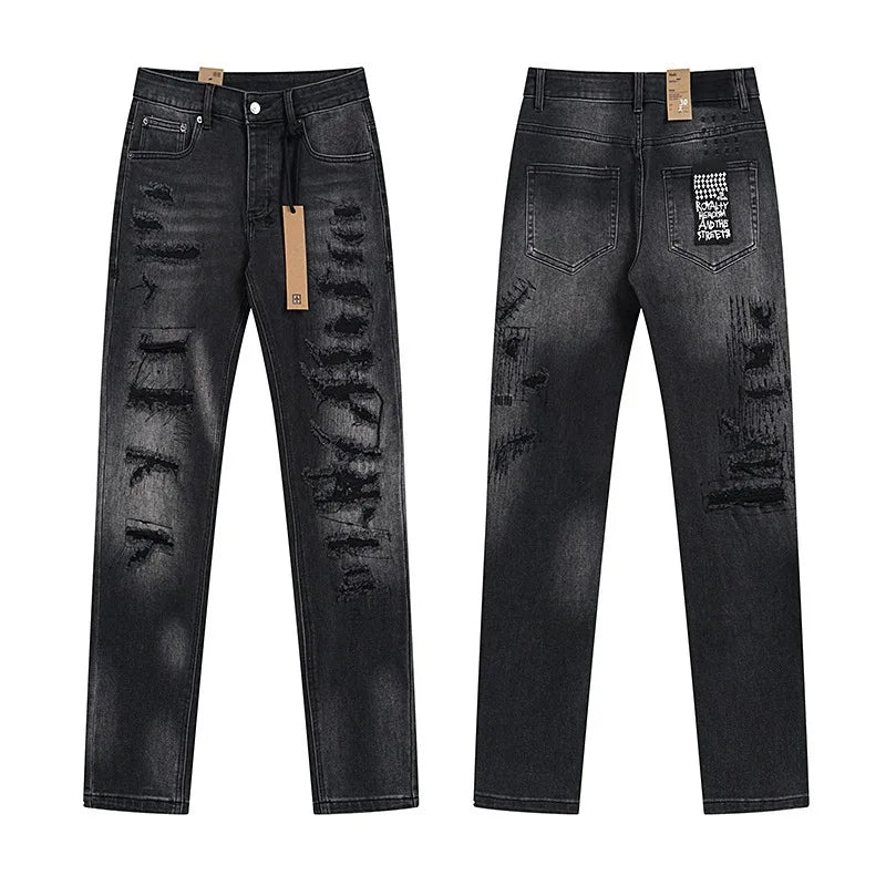 KSUBI Cross Jeans American Pants  Men High Street Paint Hole Trend Low Rise Skinny Pleated Ripped Frayed Jeans