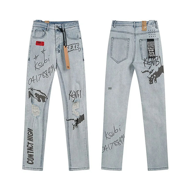 KSUBI Cross Jeans American Pants  Men High Street Paint Hole Trend Low Rise Skinny Pleated Ripped Frayed Jeans