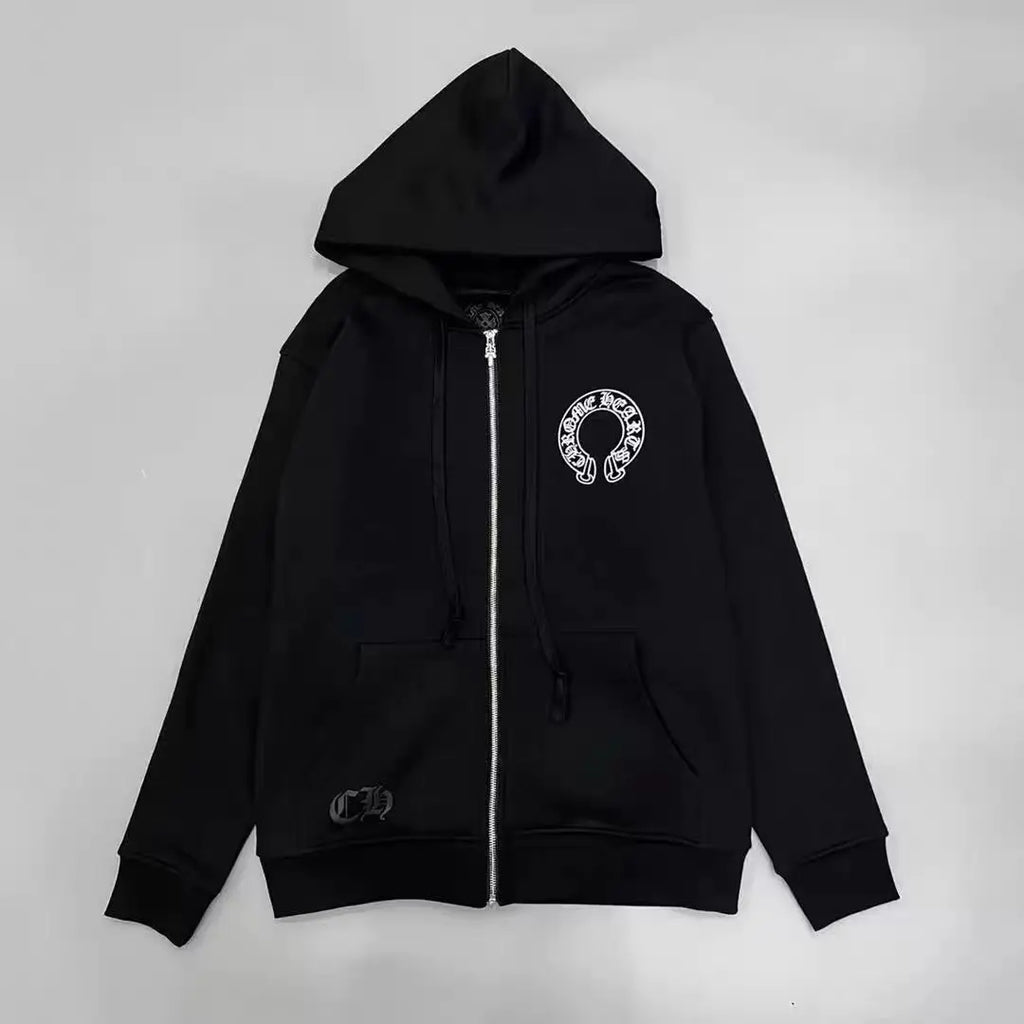 Chrome Hearts Horseshoe Floral Cross-Sleeve Zip Up Hoodie